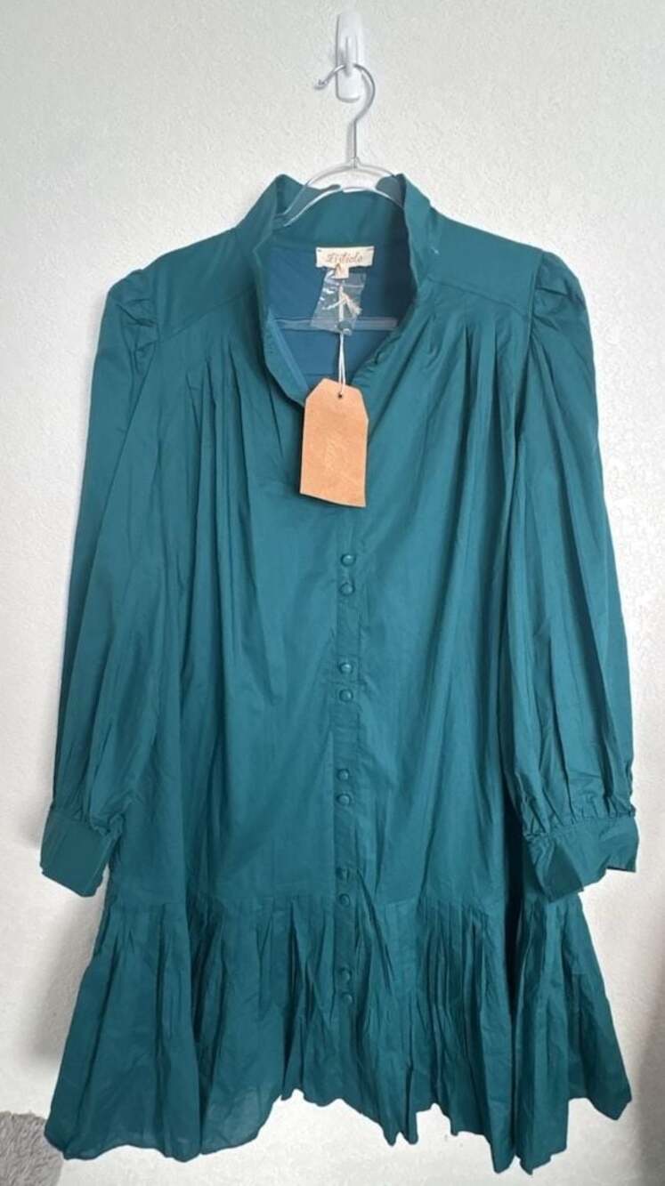 Listicle Style #LD1046 Teal Button-Down Ruffle Hem Shirt Dress